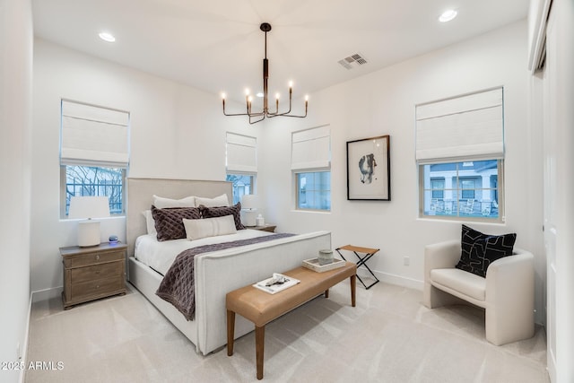 5901 E Sierra Morena St, Mesa, AZ 85215 - bedroom featuring light colored carpet, an inviting chandelier, recessed lighting, baseboards, and visible vents