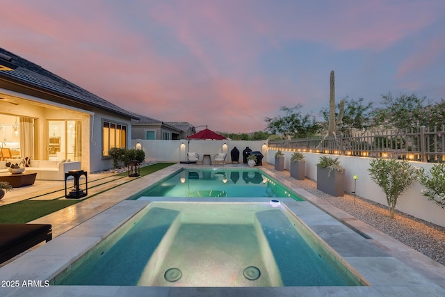 5901 E Sierra Morena St, Mesa, AZ 85215 - view of pool with a fenced in pool, a fenced backyard, an in ground hot tub, and a patio area