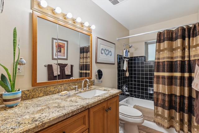 full bath with toilet, shower / bathtub combination with curtain, vanity, and visible vents
