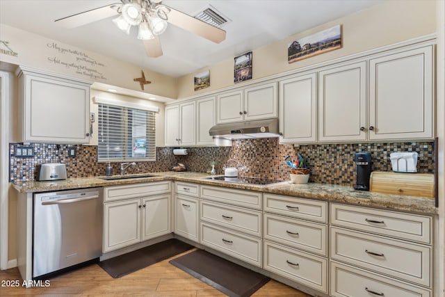 kitchen featuring stainless steel dishwasher, visible vents, under cabinet range hood, a sink, and black electric cooktop