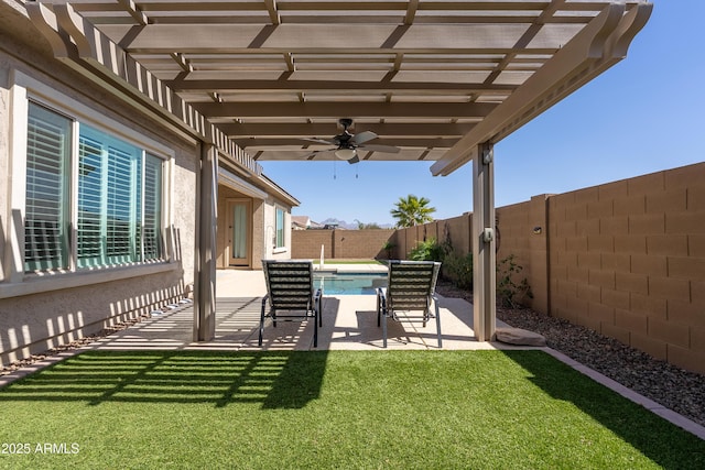 exterior space featuring a fenced in pool, a fenced backyard, a ceiling fan, and a pergola