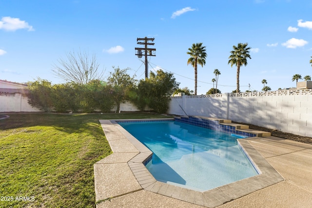 view of swimming pool with a yard, a patio area, a fenced backyard, and a fenced in pool