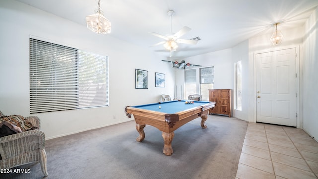 playroom with ceiling fan, light tile patterned floors, and pool table