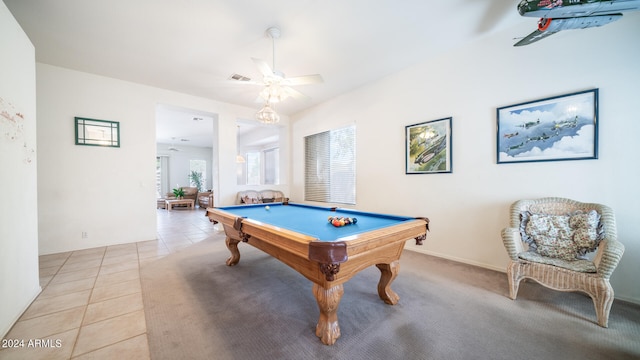 playroom with ceiling fan, light tile patterned floors, and billiards