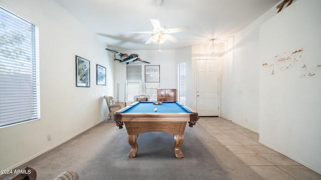 playroom featuring ceiling fan, light tile patterned flooring, and pool table