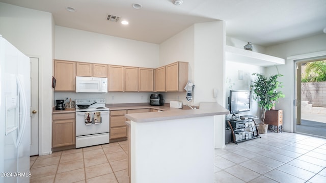 kitchen featuring kitchen peninsula, light brown cabinets, light tile patterned floors, and white appliances