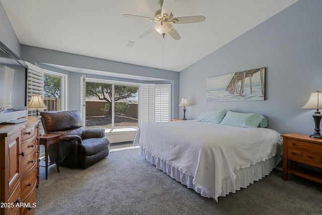 5049 E Duane Ln, Cave Creek, AZ 85331 - bedroom featuring carpet floors, ceiling fan, vaulted ceiling, and visible vents