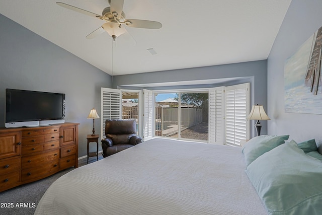 5049 E Duane Ln, Cave Creek, AZ 85331 - carpeted bedroom featuring ceiling fan, vaulted ceiling, and access to exterior