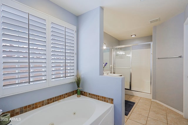 5049 E Duane Ln, Cave Creek, AZ 85331 - bathroom featuring a whirlpool tub, visible vents, tile patterned flooring, and a stall shower