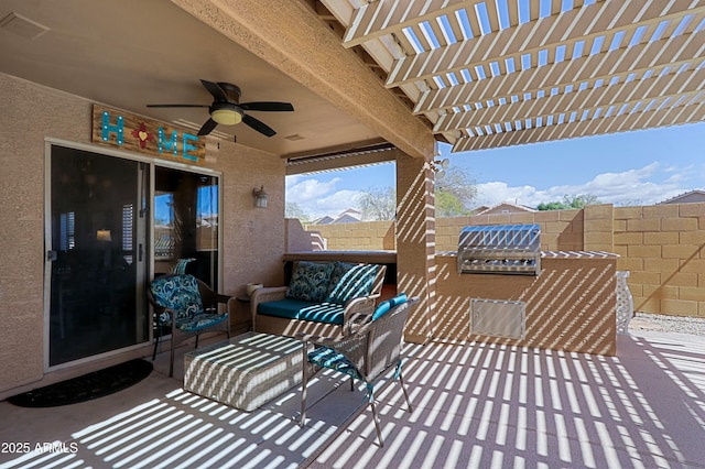 5049 E Duane Ln, Cave Creek, AZ 85331 - view of patio with a fenced backyard, an outdoor hangout area, ceiling fan, and a pergola