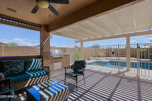 5049 E Duane Ln, Cave Creek, AZ 85331 - view of patio / terrace featuring a fenced backyard, a fenced in pool, and an outdoor living space