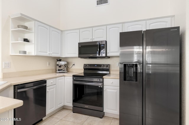 kitchen with visible vents, appliances with stainless steel finishes, and white cabinets