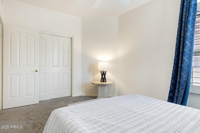 carpeted bedroom featuring ceiling fan