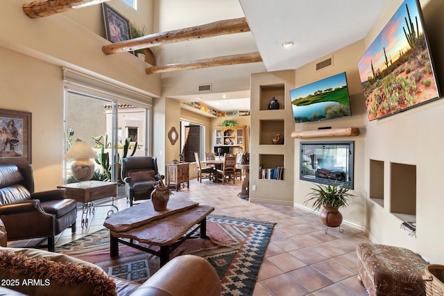 tiled living room with built in features