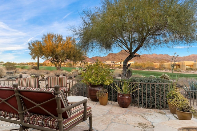 view of patio with a mountain view