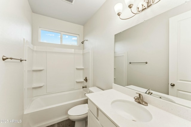 full bath featuring  shower combination, visible vents, vanity, and toilet