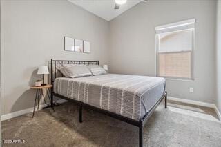 bedroom featuring lofted ceiling, ceiling fan, and carpet flooring