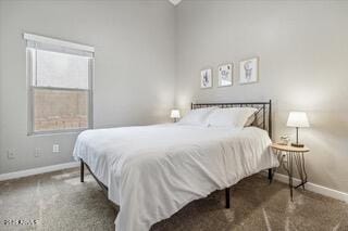 bedroom with dark colored carpet