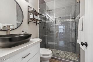 bathroom featuring vanity, toilet, a shower with door, and wood-type flooring