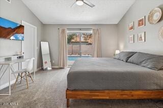 bedroom featuring vaulted ceiling, carpet floors, access to outside, and ceiling fan