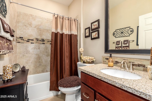 bathroom featuring shower / tub combo with curtain, toilet, and vanity