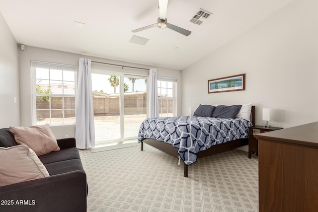 1513 S 108th Way, Chandler, AZ 85286 - bedroom featuring light colored carpet, vaulted ceiling, access to exterior, and ceiling fan