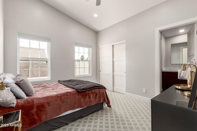 1513 S 108th Way, Chandler, AZ 85286 - bedroom featuring carpet, lofted ceiling, a closet, baseboards, and a ceiling fan