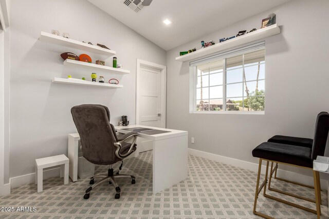 1513 S 108th Way, Chandler, AZ 85286 - carpeted office featuring lofted ceiling, baseboards, and recessed lighting