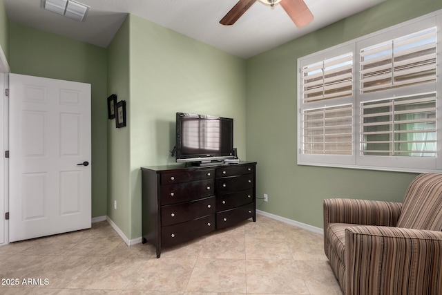 sitting room featuring visible vents, a healthy amount of sunlight, baseboards, and ceiling fan