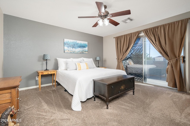 bedroom featuring ceiling fan, access to outside, and carpet