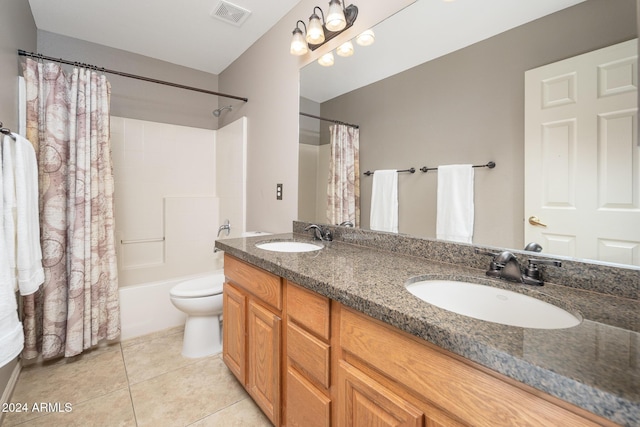 full bathroom featuring toilet, vanity, shower / bathtub combination with curtain, and tile patterned flooring