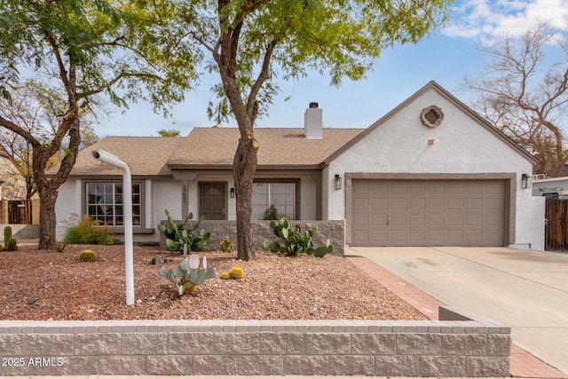 single story home with driveway, a shingled roof, a chimney, an attached garage, and stucco siding