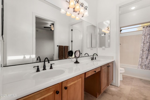 full bathroom featuring tile patterned floors, vanity, toilet, and shower / bath combo