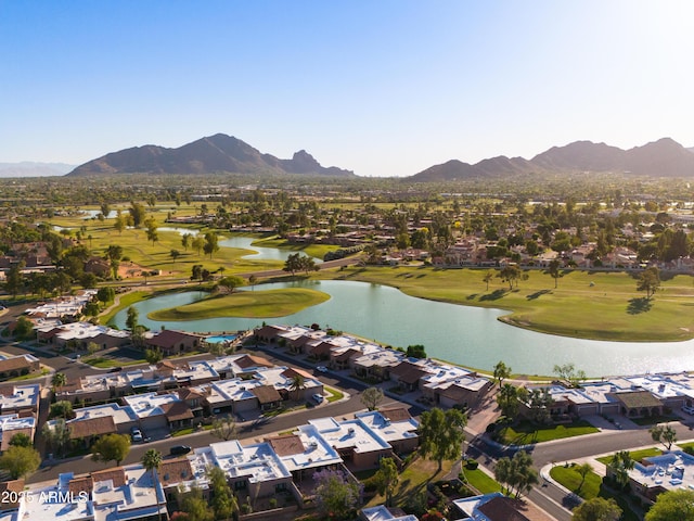 bird's eye view featuring a water and mountain view, golf course view, and a residential view