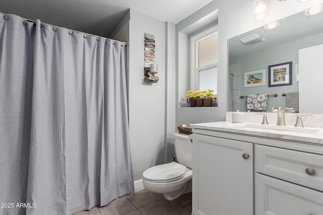 full bath with toilet, curtained shower, tile patterned flooring, and vanity