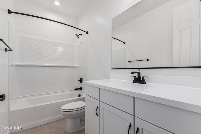 full bathroom with shower / bathtub combination, vanity, toilet, and tile patterned flooring