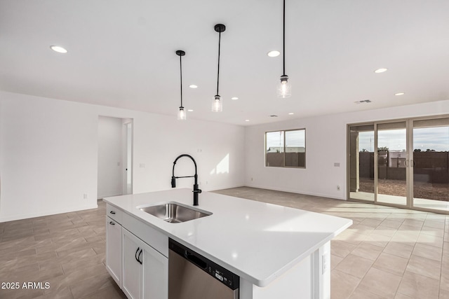 kitchen with sink, decorative light fixtures, a center island with sink, dishwasher, and white cabinets