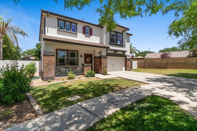 3784 E Washington Ct, Gilbert, AZ 85234 - view of front of property with stucco siding, covered porch, concrete driveway, a garage, and brick siding