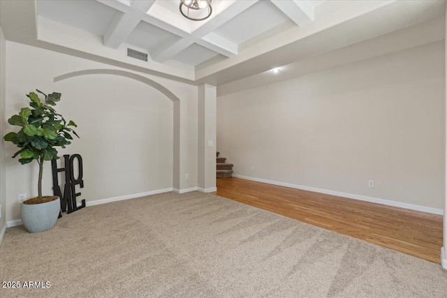 3784 E Washington Ct, Gilbert, AZ 85234 - unfurnished room featuring coffered ceiling, carpet, stairway, beam ceiling, and baseboards