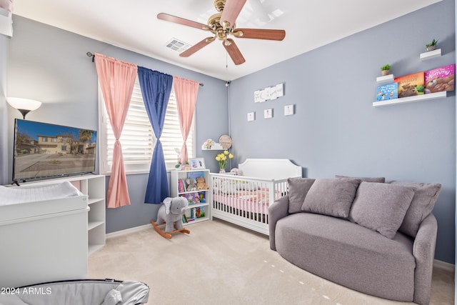 bedroom featuring carpet flooring and ceiling fan