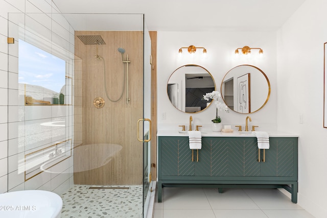 bathroom featuring walk in shower, vanity, and tile patterned flooring