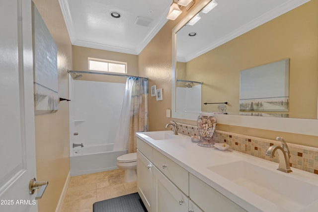 full bathroom featuring shower / tub combo, tasteful backsplash, ornamental molding, vanity, and toilet