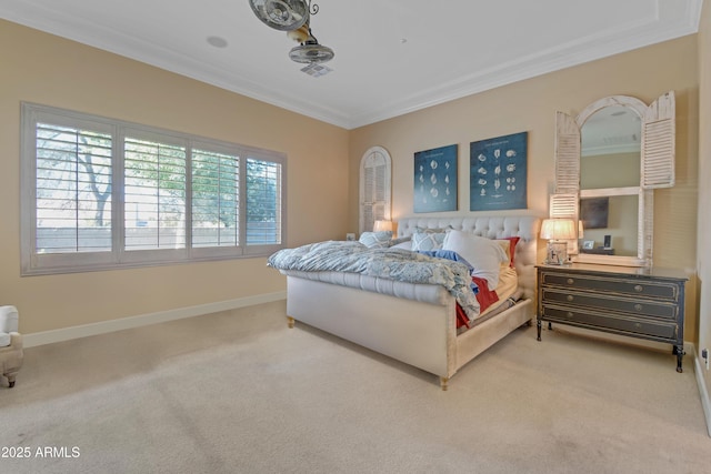 bedroom with light carpet, multiple windows, and ornamental molding