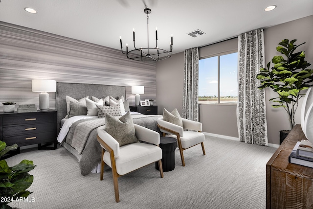 bedroom with visible vents, baseboards, light carpet, recessed lighting, and a notable chandelier