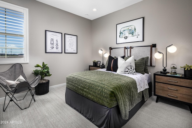 carpeted bedroom with recessed lighting and baseboards