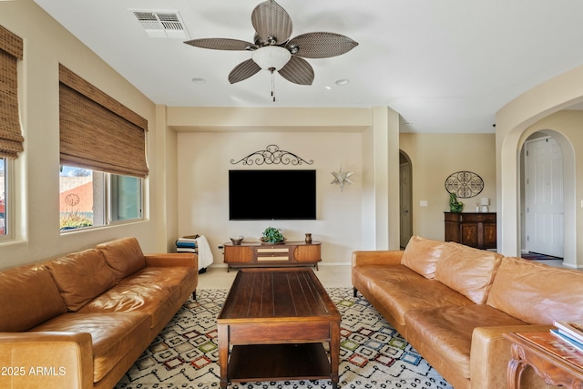 living room with ceiling fan