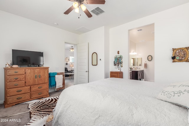 bedroom with connected bathroom and ceiling fan