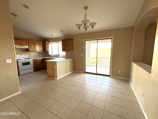 kitchen featuring kitchen peninsula, light tile patterned flooring, white electric stove, and a chandelier