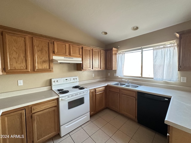 kitchen featuring light tile patterned floors, lofted ceiling, white electric range, black dishwasher, and sink