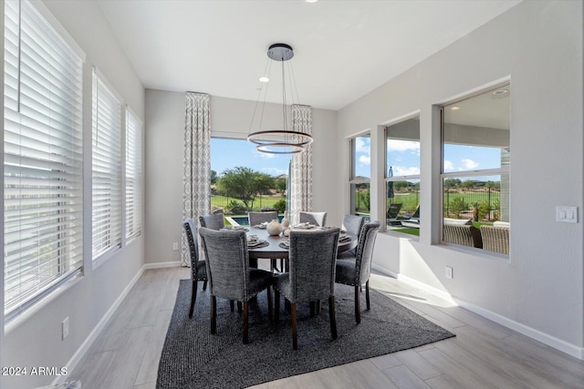 dining room with an inviting chandelier, light hardwood / wood-style flooring, and plenty of natural light